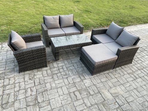 Fimous 5pcs Rattan Outdoor Garden Furniture Sofa Set with Coffee Table Big Footstool Dark Grey Mixed
