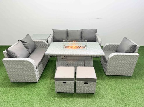 Fimous Patio PE Wicker 8 Seater Outdoor Rattan Furniture Sofa Sets with Firepit Dining Table Reclining Chair Loveseat Sofa 3 Seater Sofa Stool Side Table Light Grey