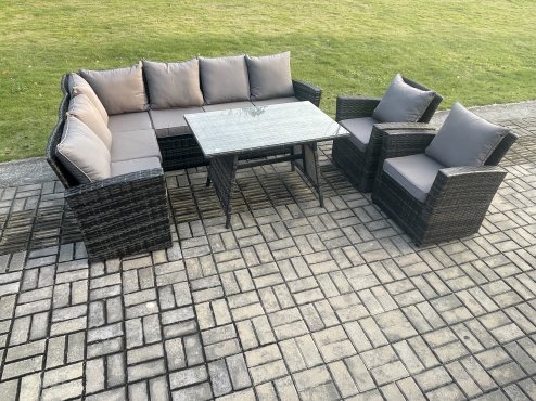 Fimous High Back Outdoor Garden Furniture Set Rattan Corner Sofa Dining Table Set With 2 Armchairs 8 Seater Dark Grey Mixed