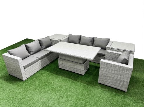 Fimous 6 PCs Rising Dining Table Set Rattan Furniture Set with 3 Seater Sofa Chair 2 Side Tables Light Grey