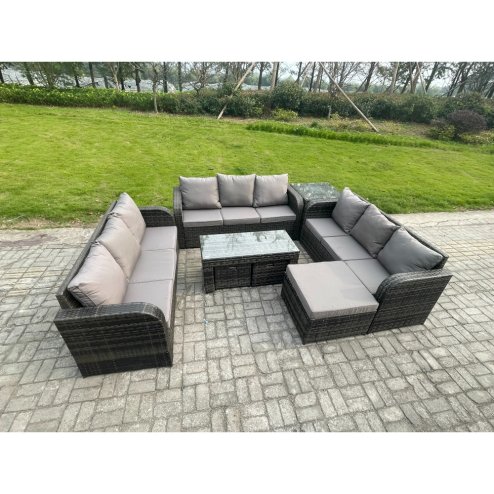 Fimous 12 Seater Rattan Garden Furniture Set Indoor Outdoor Patio Sofa Set with Coffee Table 3 Footstools Side Table Dark Grey Mixed