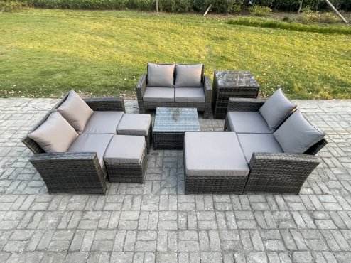 Fimous Outdoor Lounge Sofa Set Wicker PE Rattan Garden Furniture Set with Square Coffee Table Double Seat Sofa 3 Footstools Side Table Dark Grey Mixed