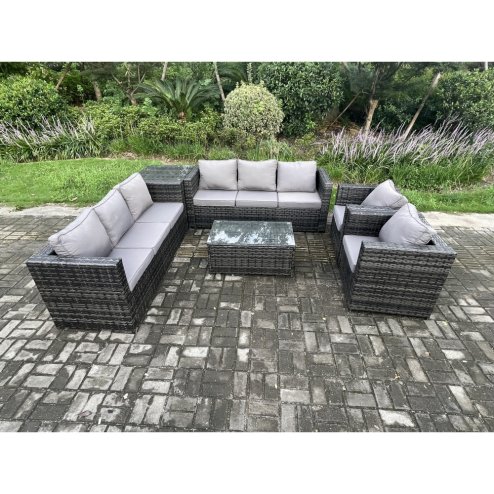 Fimous 8 Seater Outdoor Lounge Sofa Set Wicker PE Rattan Garden Furniture Set with 2 Armchair Oblong Coffee Table Side Table Dark Grey Mixed