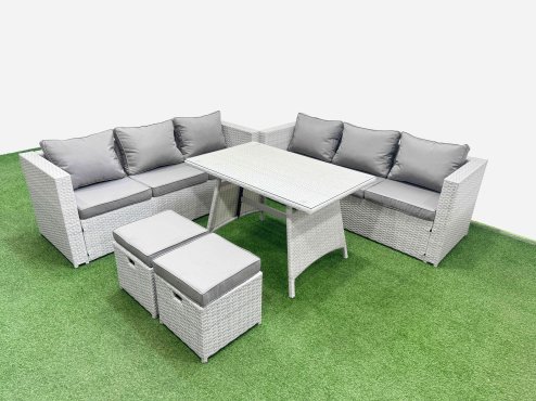 Fimous Rattan Garden Furniture Dining Set 8-seater Patio Rectangular Table 3 Seater Sofa Set with 2 Small Stools Light Grey