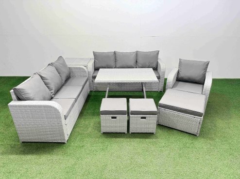 Fimous 8 Pieces Outdoor PE Rattan Garden Furniture with Cushions Reclining Chair Side Table 3 Stool Light Grey