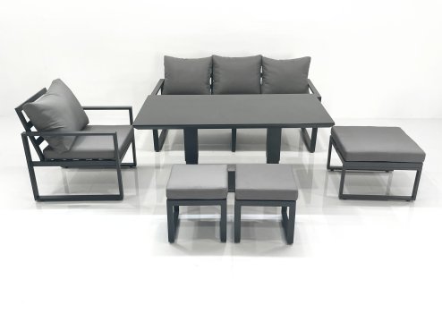 Fimous Outdoor Aluminium Garden Furniture Set with Adjustable Rising Lifting Dining Table 3 Seater Sofa Chair 3 Footstools Dark Grey