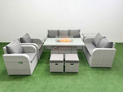 Fimous PE Rattan Garden Furniture Set Reclining Chair Sofa Double Love Seat 2 Seater Sofa Lounge Set Firepit Dining Table 2 Stools Side Table Light Grey