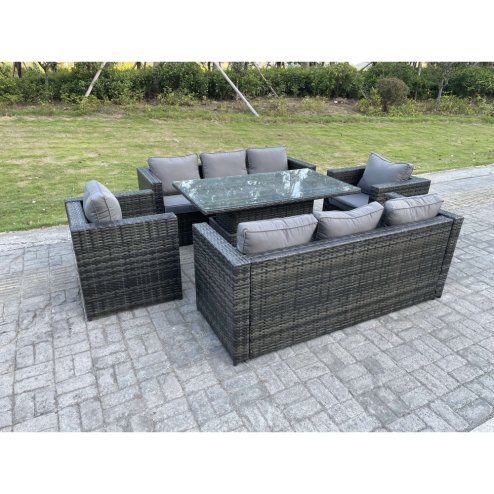 Fimous Outdoor Rattan Garden Furniture Height Adjustable Rising Lifting Table Sets Lounge Chairs Dark Grey 8 Seater