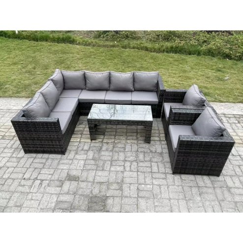 Fimous 8 Seater Rattan Corner Sofa Lounge Sofa Set With Rectangular Coffee Table 2 Arm Chair Dark Grey Mixed Left Hand