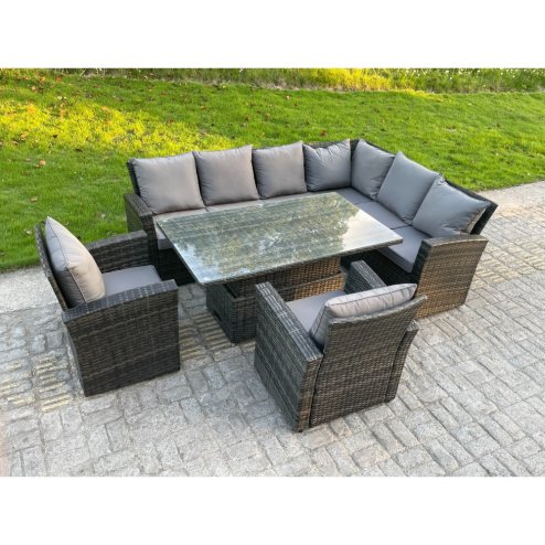 Fimous High Back PE Rattan Corner Sofa Set Garden Furniture Adjustable Rising Lifting Table Set With 2 Chair