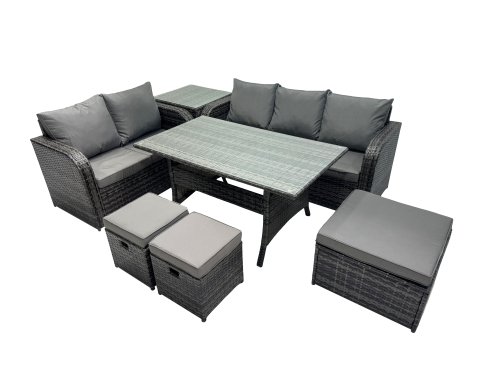 Fimous 8 Seat Outdoor Wicker PE Rattan Garden Furniture Set Dining Table Sofa Sets with 3 Stools Side Table Dark Grey Mixed