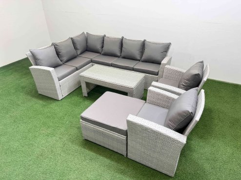Fimous Rattan Garden Furniture Set Outdoor 9 Seater Corner Sofa Sets with Oblong Coffee Table Chair Big Footstool Light Grey Mixed