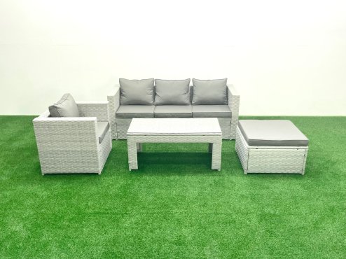 Fimous Rattan Garden Furniture Set 4 Pieces Outdoor Garden Sofa Oblong Coffee Table Set with Chair Big Footstool Light Grey Mixed