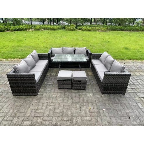 Fimous 11 Seater Rattan Outdoor Furniture Sofa Garden Dining Set with Patio Dining Table 2 Small Footstools Dark Grey Mixed
