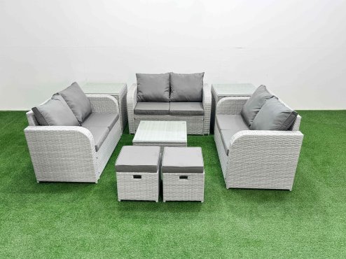 Fimous 8 Seater PE Wicker Rattan Furniture Sofa Sets with Square Coffee Table 2 Seater Love Sofa 2 Stool 2 Side Table Light Grey