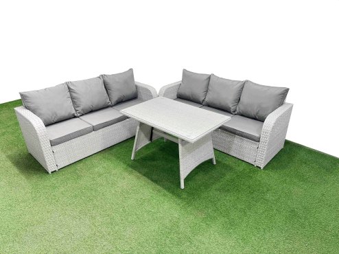 Fimous Patio Dining Table & Chairs Set Rattan High Back Lounge Sofa Set with 3 Seater Sofa Light Grey