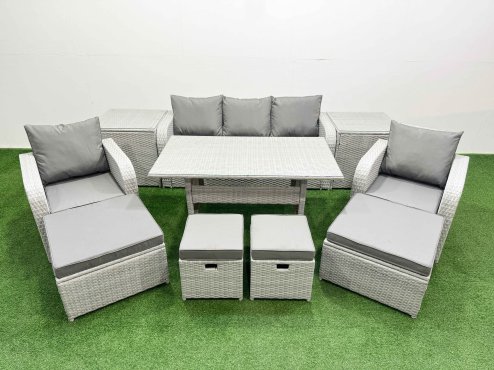 Fimous PE Rattan Lounge Sofa Set 9 Seater Outdoor Garden Furniture Set with Dining Table 3 Seater Sofa 2 Big Footstools 2 Side Tables Light Grey