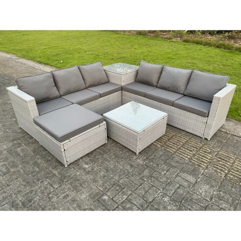 Fimous 7 Seater PE Wicker Light Grey Rattan Garden Corner Furniture Sofa Sets Outdoor Patio Furniture Big Footstool Coffee Table