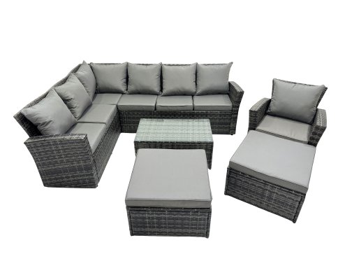 Fimous 9 Seat Rattan High Back Corner Sofa Set Patio Coffee Table Set with 2 Big Stools Dark Grey Mixed