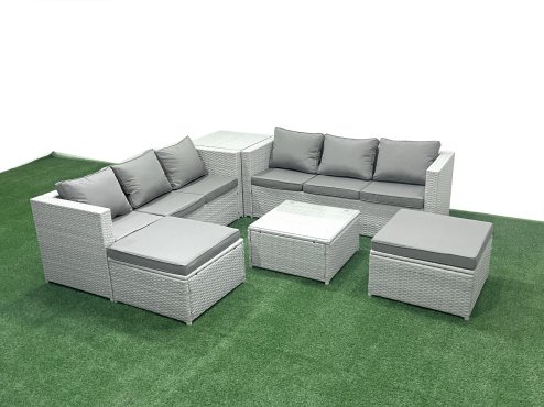 Fimous Rattan Garden Outdoor Furniture Set 8 Seater Rattan Garden Sofa Set with 2 Big Footstools Side Table Light Grey Mixed