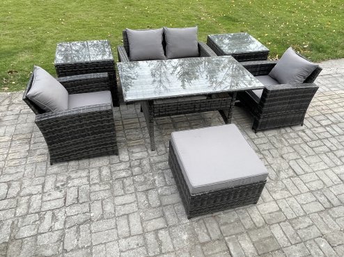Fimous 5 Seater PE Wicker Outdoor Garden Furniture Set Patio Furniture Rattan Rectangular Dining Table Lounge Sofa with 2 Side Tables Big Footstool