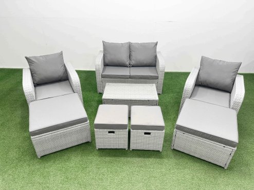 Fimous 8 PCs Rectangular Coffee Table Set Reclining Chair Inclining Sofa Seat 2 Big Footstool Light Grey