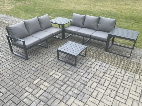 Fimous Aluminium 5 Pieces Garden Furniture Sofa Set with Cushions 6 Seater Outdoor Patio Set with Square Coffee Table 2 Side Tables Dark Grey