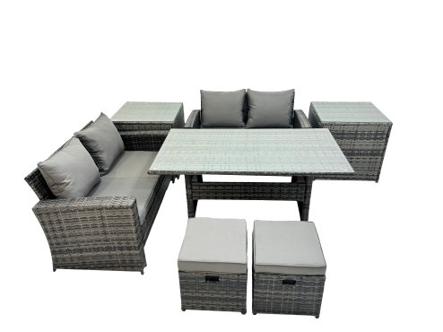Fimous 6 Seater Wicker PE Rattan Furniture Outdoor Dining Table Double Seat Sofa 2 Side Table 2 Small Stools Set Dark Grey Mixed