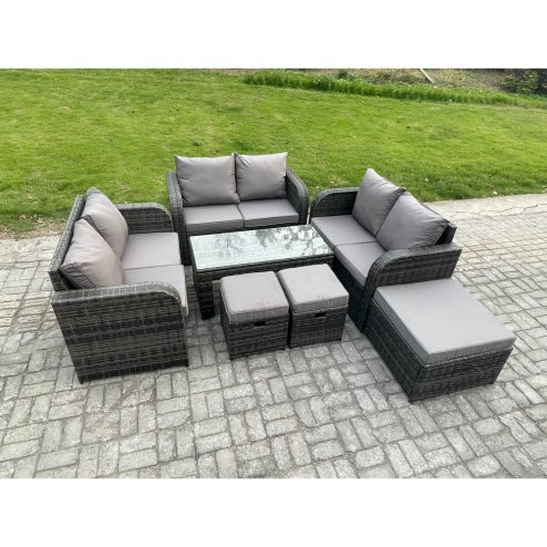 Fimous Outdoor Garden Furniture Sets 7 Pieces Wicker Rattan Furniture Sofa Sets with Rectangular Coffee Table Love seat Sofa 3 Footstools
