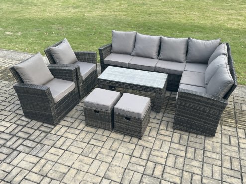 Fimous Rattan Corner Sofa Garden Furniture Set with 2 Small Footstools Rectangular Coffee Table 2 Armchairs with Cushion Dark Grey Mixed