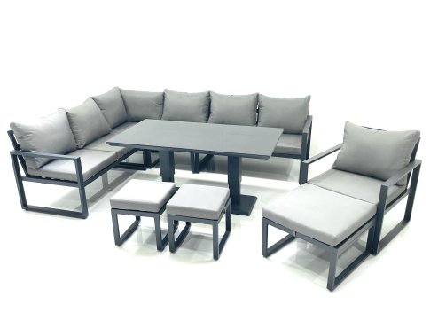 Fimous Aluminum Outdoor Garden Furniture Set Corner Sofa Chair 3 Footstools Adjustable Rising Lifting Dining Table Sets Dark Grey