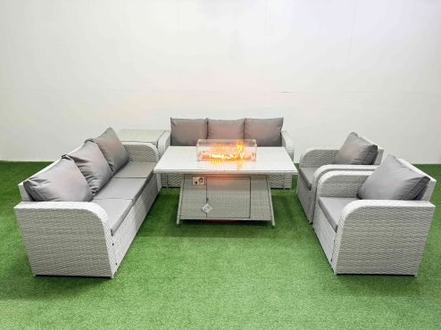 Fimous PE Rattan High Back Lounge Sofa Set Patio Firepit Dining Table & Chairs Set with 3 Seater Sofa Reclining Chair Side Table Light Grey
