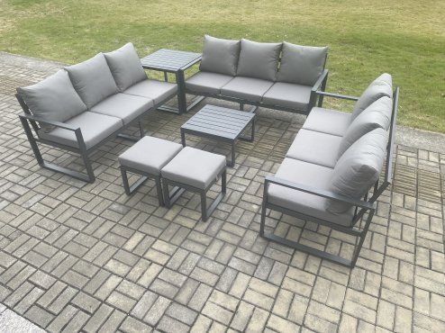 Fimous Aluminium 11 Seater Outdoor Garden Furniture Set Patio Lounge Sofa with Square Coffee Table Side Table 2 Small Footstools Conservatory Set Dark Grey