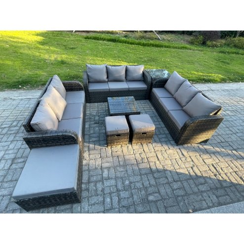 Fimous 12 Seater Rattan Outdoor Furniture Set Patio Garden Sofa Set with Square Coffee Table 3 Seater Sofa 3 Footstools Side Table Dark Grey Mixed