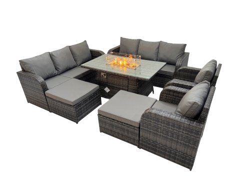 Fimous Garden Outdoor Rattan Furniture Set Rattan Reclining Chair 3 Seater Sofa with 2 Big Stools 2 Side Tables Dark Grey Mixed