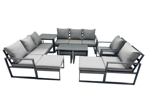 Fimous Outdoor Garden Furniture Set Aluminium Lounge 3 Seat Sofa Oblong Coffee Table Sets with 2 Chairs 4 Stools Side Table Dark Grey