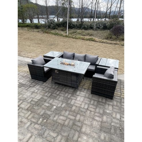 Fimous Outdoor Lounge Rattan Sofa Set Garden Furniture Gas Firepit Set Dining Table Patio Heater 2 Chair 2 Coffee Table Dark Grey Mixed