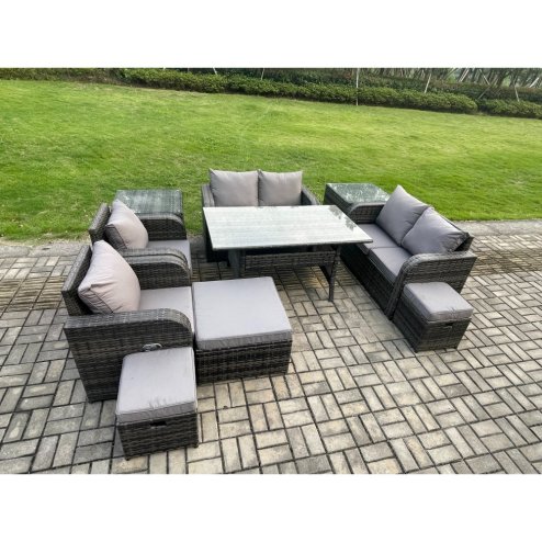 Fimous Outdoor Rattan Garden Furniture 10 piece Grey Patio Furniture Set 9 Seater Lounge Sofa Set with Rectangular Table Reclining Chairs 3 Stools 2 Side Tables