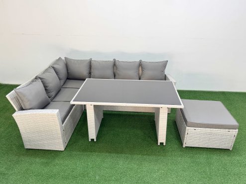Fimous 7 Seater Wicker Rattan Corner Sofa Sets Outdoor Garden Furniture Sets with Rectangular Dining Table Lounge Sofa Big Footstool Light Grey
