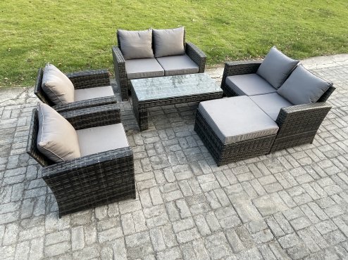 Fimous 7 Seater Dark Grey Mixed High Back Rattan Sofa Set Coffee Table Garden Furniture Outdoor Patio With Love Sofa Arm Chairs Big footstool