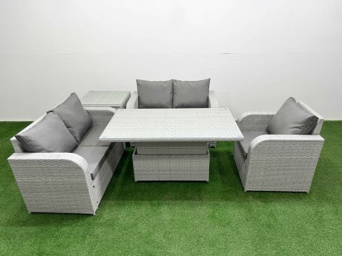 Fimous High Back Poly Rattan Garden Furniture Set with Reclining Chair Loveseat Sofa Adjustable Lifting Dining or Coffee Table Indoor Outdoor Patio Set Side Table Light Grey
