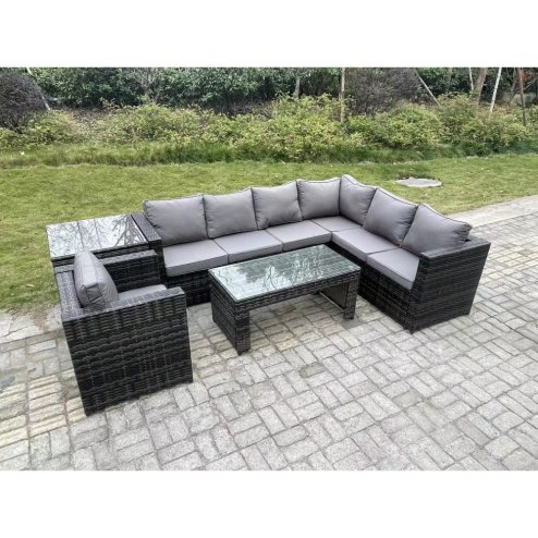 Fimous 7 Seater Rattan Corner Sofa Lounge Sofa Set With Rectangular Coffee Table With Arm Chair And Side Table Dark Grey Mixed Right Hand