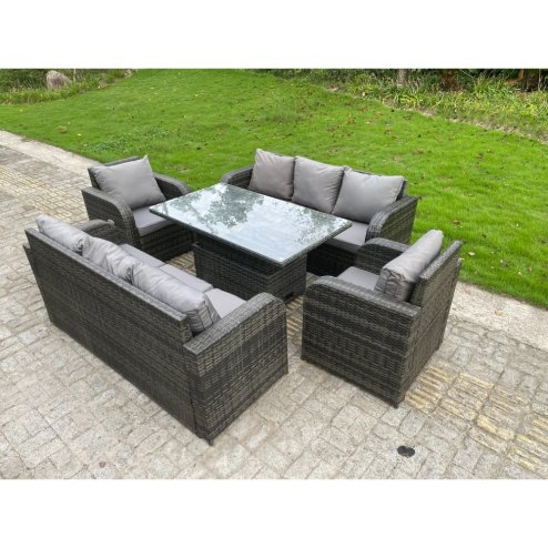 Fimous Outdoor Rattan Garden Furniture Sofa Set Lounge Sofa Dining Table Height Adjustable Rising Lifting Table Reclining Arm Chairs 8 Seater