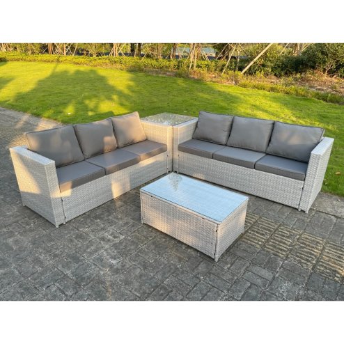 Fimous Light Grey Outdoor Rattan Garden Furniture Set Corner Sofa With 2 Coffee Table
