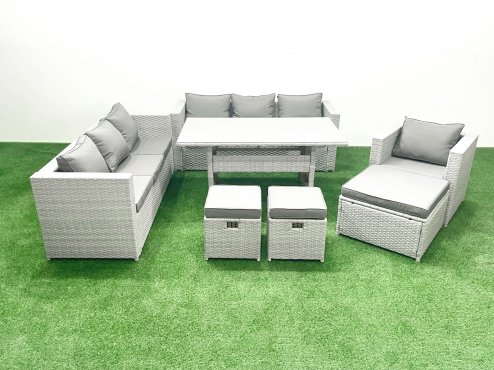 Fimous 7 Pieces Outdoor Rattan Sofa Set with Cushions Patio Garden Furniture Sets with Armchair Dining Table 3 Footstools
