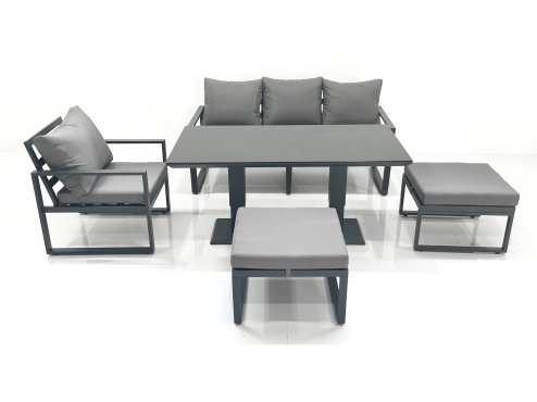 Fimous 6 Seater Garden Sofa Set Aluminium Furniture Rising Dining Tabe Set with Chair 2 Big Footstool Dark Grey
