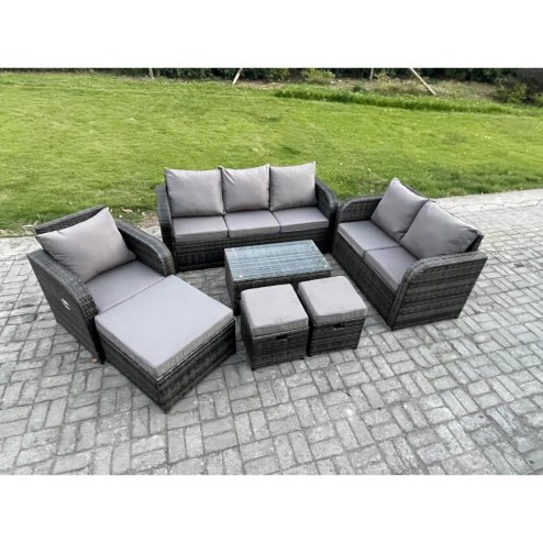 Fimous Outdoor Garden Furniture Sets 7 Pieces Wicker Rattan Furniture Sofa Sets with Rectangular Coffee Table Loveseat Sofa 3 Footstools