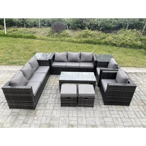 Fimous Outdoor Rattan Garden Furniture Lounge Sofa Set With Oblong Rectagular Coffee Table 2 PC Arm Chair 2 Side Coffee Table 2 Stools