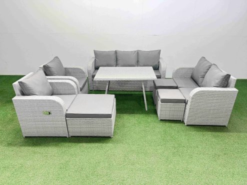 Fimous PE Rattan Garden Furniture Set Outdoor Rectangular Dining Table Sofa Set with Reclining Chair 3 Stool Light Grey