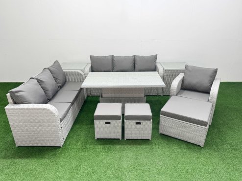Fimous 10 Seater Poly Rattan Outdoor Garden Furniture Adjustable Lifting Dining or Coffee Table Sofa Set Patio 3 Seater Sofa Reclining Chair 3 Seater Sofa 3 Stools 2 Side Table Light Grey
